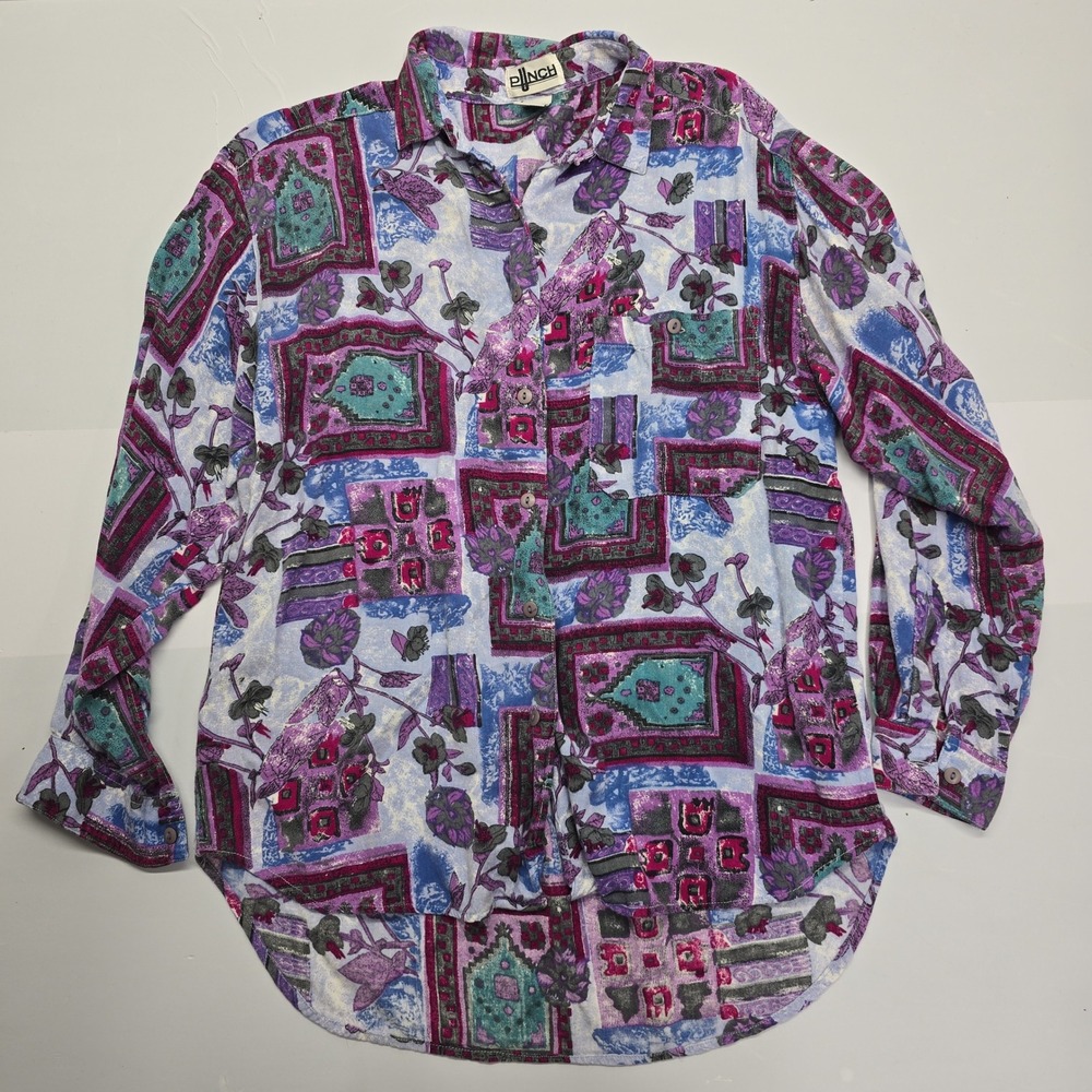 Punch Vintage Womens Medium Rayon Button Down Shirt Abstract‎ Floral Purple Teal